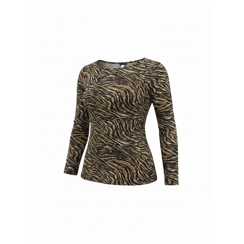 ES-SE PLUS Womens Brown Tiger Animal Print Long Sleeve Scoop Neck Top USA Made
